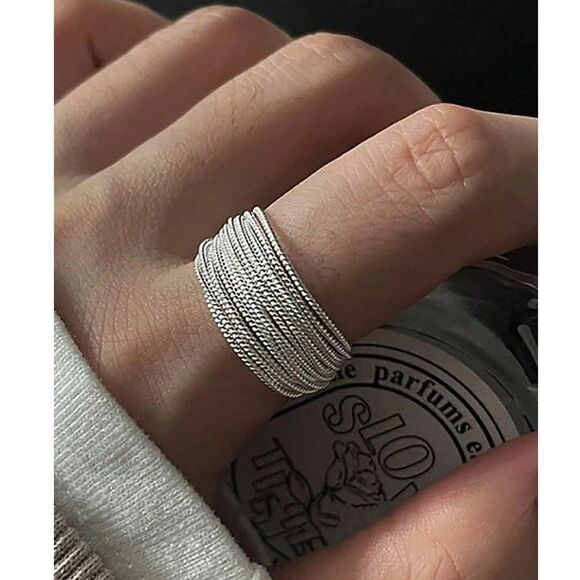Silver Multi Layer Look Stack Ring Asymmetrical Open Back Wide Trendy Adjustable - Picture 1 of 6